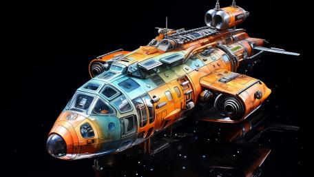 Vibrant Orange Spacecraft Illustration in Dark Space Scene wallpaper