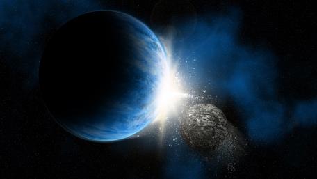 Cosmic Collision of Blue Planet and Moon Dust wallpaper
