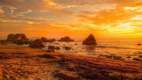 Golden Sunset Over Tranquil Beach Scene wallpaper