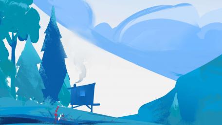 Serene Blue Shanty in a Dreamy Landscape wallpaper