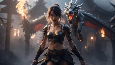 Fierce Oriental Warrior Maiden and Her Dragon wallpaper