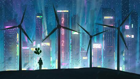 Futuristic Serenity Amidst Silhouetted Turbines wallpaper