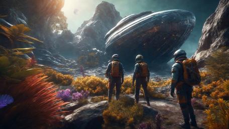 Explorers Encounter Alien World Sanctuary wallpaper
