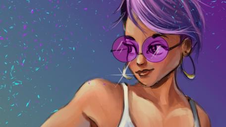 Vibrant Anime Girl with Purple Hair and Sunglasses wallpaper