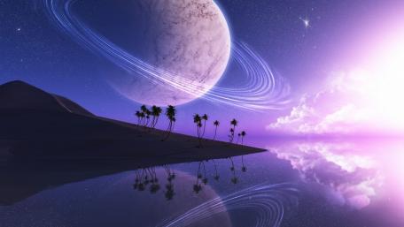 Ringed Planet Reflecting in a Futuristic Oasis wallpaper
