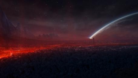 Eerie Sci-Fi Landscape with Crimson Glow wallpaper