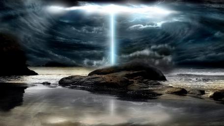 Ethereal Energy Beam Over Ocean Waves wallpaper
