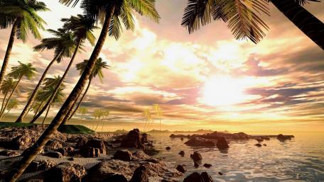 Golden Sunset Over Serene Beach Landscape wallpaper