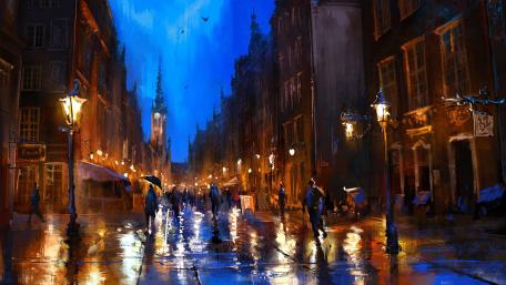 Rainy City Evening in Dusk Art wallpaper