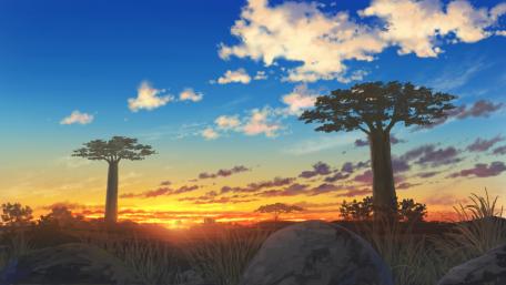 Serene Anime Sunset in African Landscape wallpaper