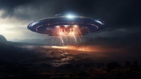 Spaceship Descent Above Alien Landscape wallpaper
