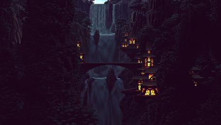 Mystical Nightfall Village wallpaper