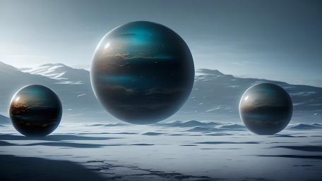 Cosmic Spheres in a Digital Landscape wallpaper