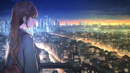 Girl looking towards the city wallpaper