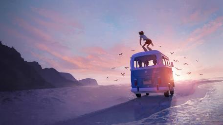 Sunset Beach Adventure in Anime Art wallpaper
