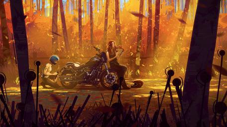 Autumn Adventure Motorcycle Breakdown wallpaper