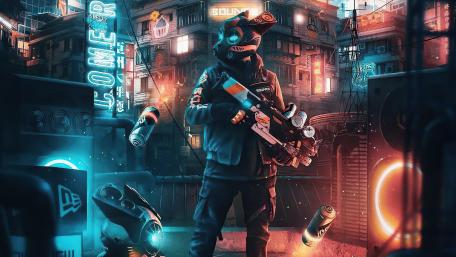 Robotic Defender in Neon Cityscape wallpaper