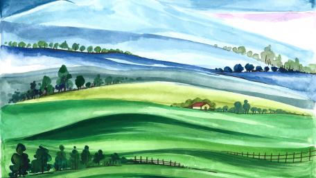 Serene Fantasy Farm Landscape in Watercolor Art wallpaper