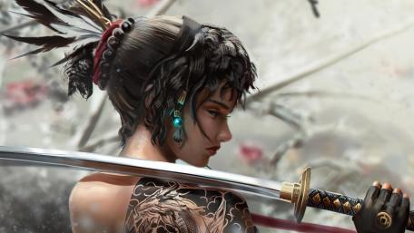 Samurai tattoo girl katana wallpaper