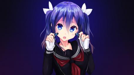 Cute Anime Schoolgirl with Blue Hair and Headphones wallpaper