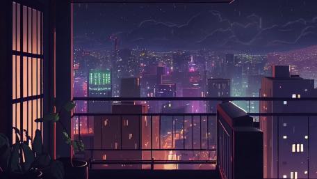 Anime Night City View from Terrace Balcony wallpaper