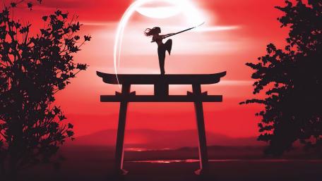 Samurai Silhouette Against Crimson Sky wallpaper