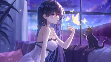 Girl and cat looking butterflies wallpaper