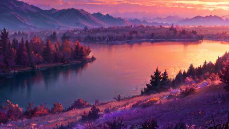 Mystical Twilight River in Fantasy Land wallpaper