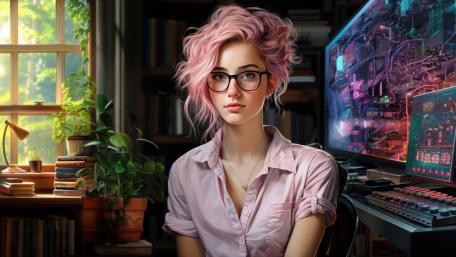 Tech-Savvy Fantasy Girl in a Home Office wallpaper