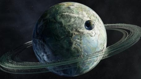 Majestic Ringed Planet with Moon Detail wallpaper