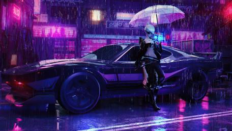 Futuristic Rain-Soaked Ride in Neon Metropolis wallpaper
