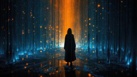 Enigmatic Cloaked Wanderer in a Luminous Forest wallpaper