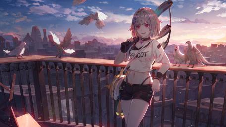 Sunset Companion: Anime Girl Amidst Doves on Terrace wallpaper