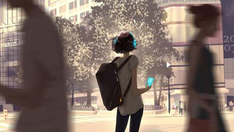 Anime Girl in a Bustling Urban Scene wallpaper