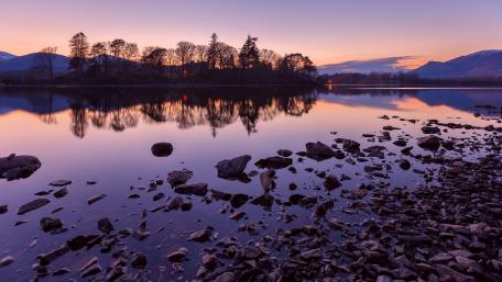 Tranquil Purple Lake at Dusk wallpaper