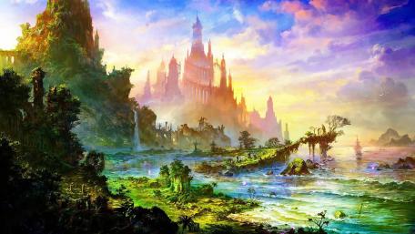 Majestic Fantasy Castle Overlooking Enchanted Waters wallpaper