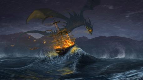 Epic Battle Between Ship and Fire-Breathing Dragon In Stormy Seas wallpaper