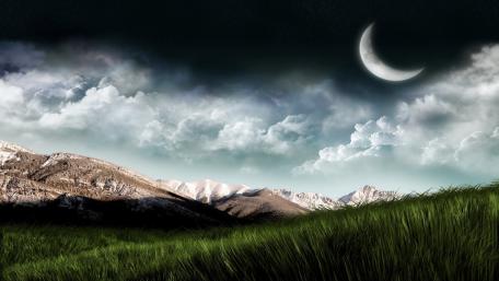 Crescent Moon Over Serene Landscape wallpaper