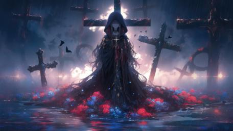 Eerie Graveyard Vigil in Twilight Hues wallpaper