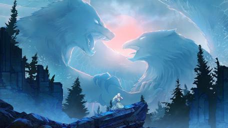 Ethereal Battle of Spirits in a Mystical Forest wallpaper