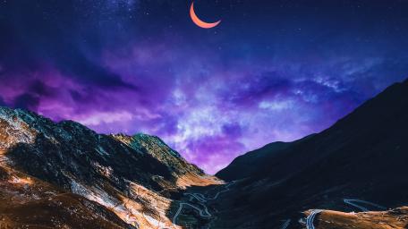 Dreamy Crescent Moon Over Enchanted Valley Nightscape wallpaper
