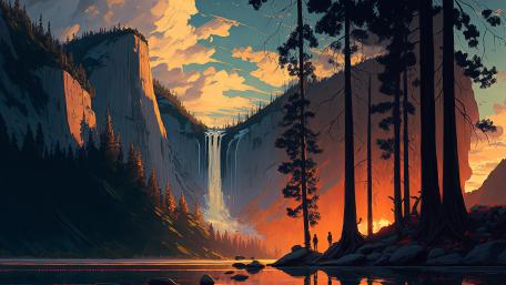 Majestic Waterfall Sunset Escape wallpaper