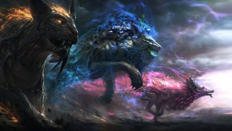 Majestic Cryptid Guardians in Battle wallpaper