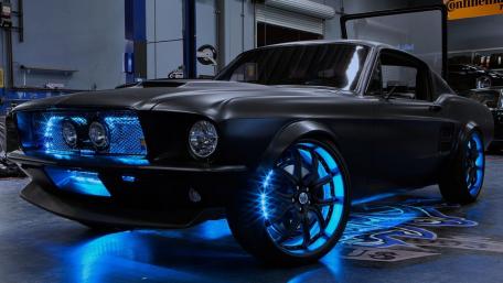 Neon Dreams Black Ford Mustang in Blue Glow wallpaper