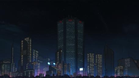 Cyberpunk Nightscape Featuring Glittering Skyscrapers wallpaper