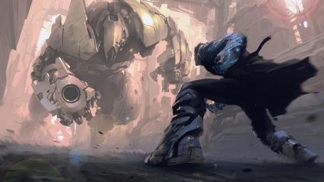 Futuristic Battle of Titans and Warriors wallpaper