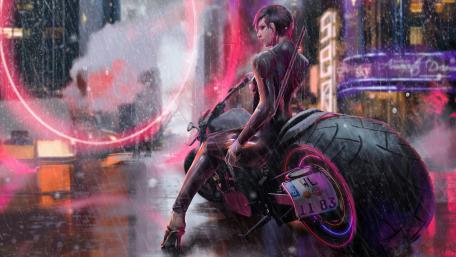 Cyberpunk Biker Girl in Futuristic City wallpaper