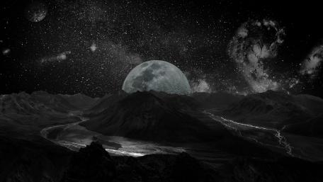 Alien Moonlit Landscapes in Monochrome Space Art 5K wallpaper