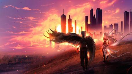 Angels at Dawn in a Dystopian Cityscape wallpaper