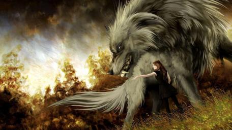 Mystical Encounter in Fiery Woods wallpaper